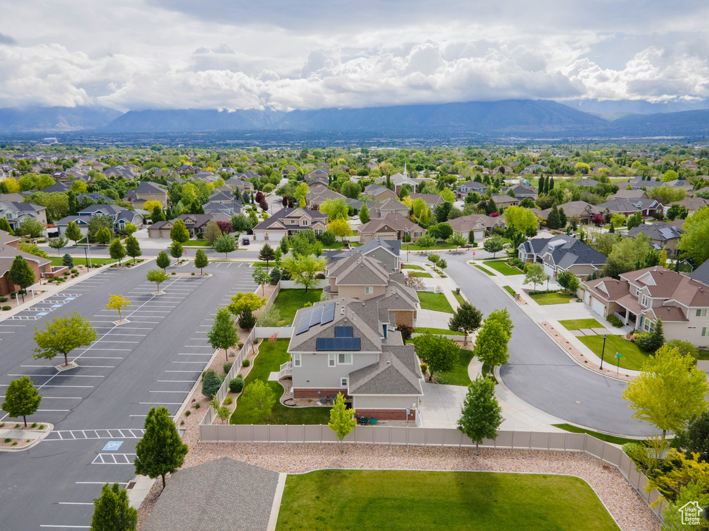 Aerial perspective of suburban area with mountains