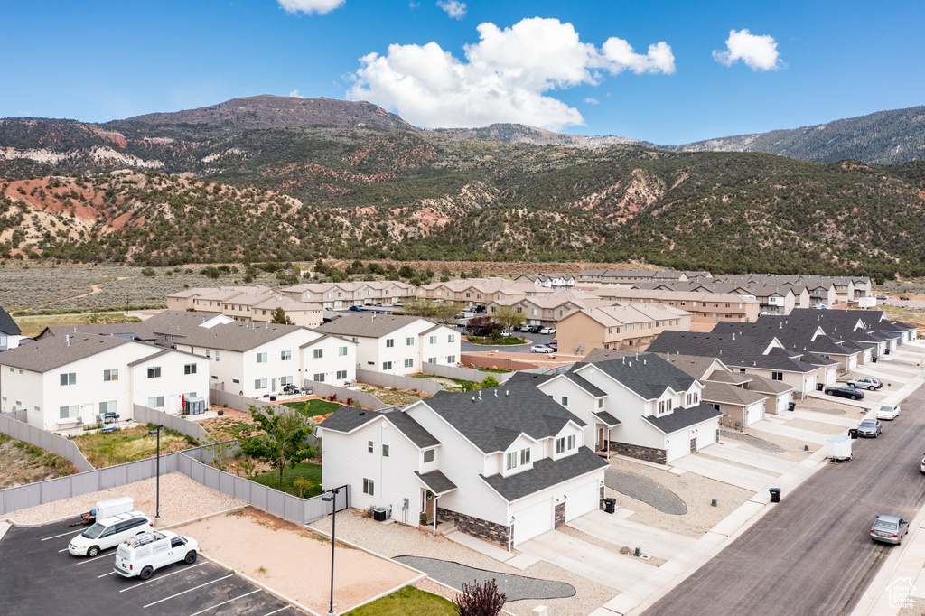 Aerial perspective of suburban area featuring mountains