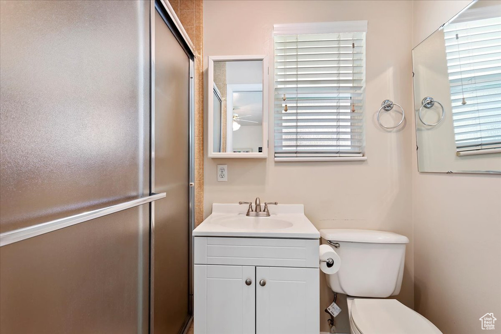 Bathroom featuring plenty of natural light, a shower stall, vanity, and toilet