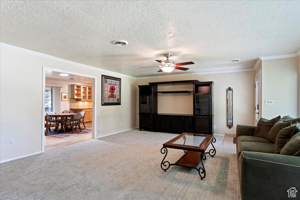 Carpeted living room featuring crown molding, ceiling fan, a textured ceiling, and baseboards