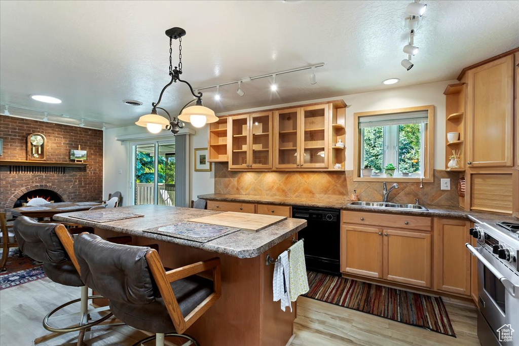 Kitchen featuring open shelves, a sink, dishwasher, and rail lighting