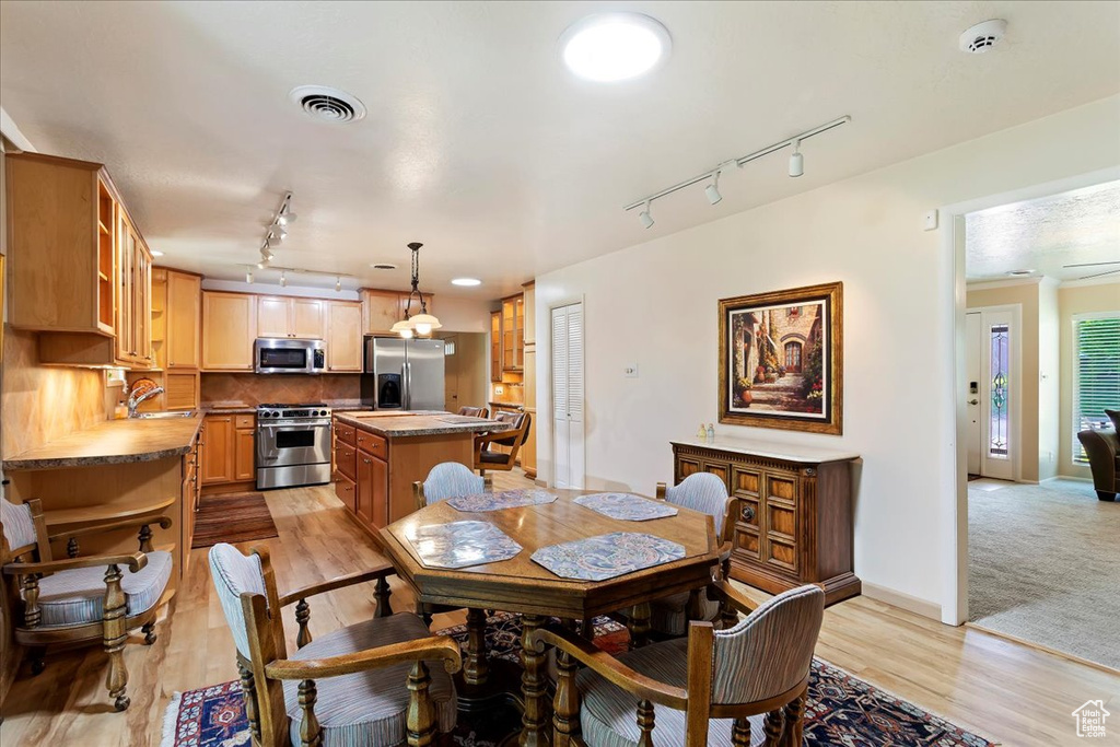 Dining space with rail lighting, light wood-type flooring, and baseboards