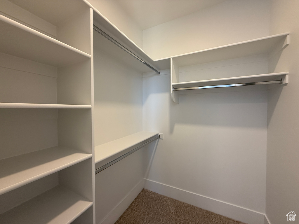 Walk in closet with dark colored carpet