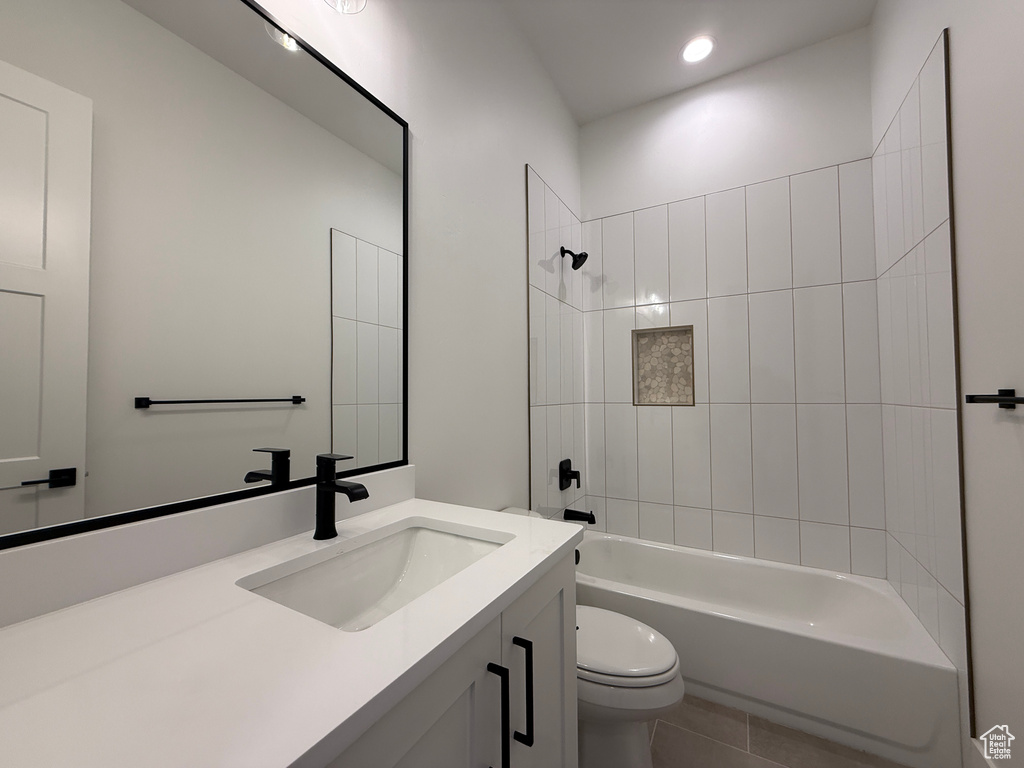 Full bath with toilet, vanity, bathing tub / shower combination, tile patterned flooring, and recessed lighting
