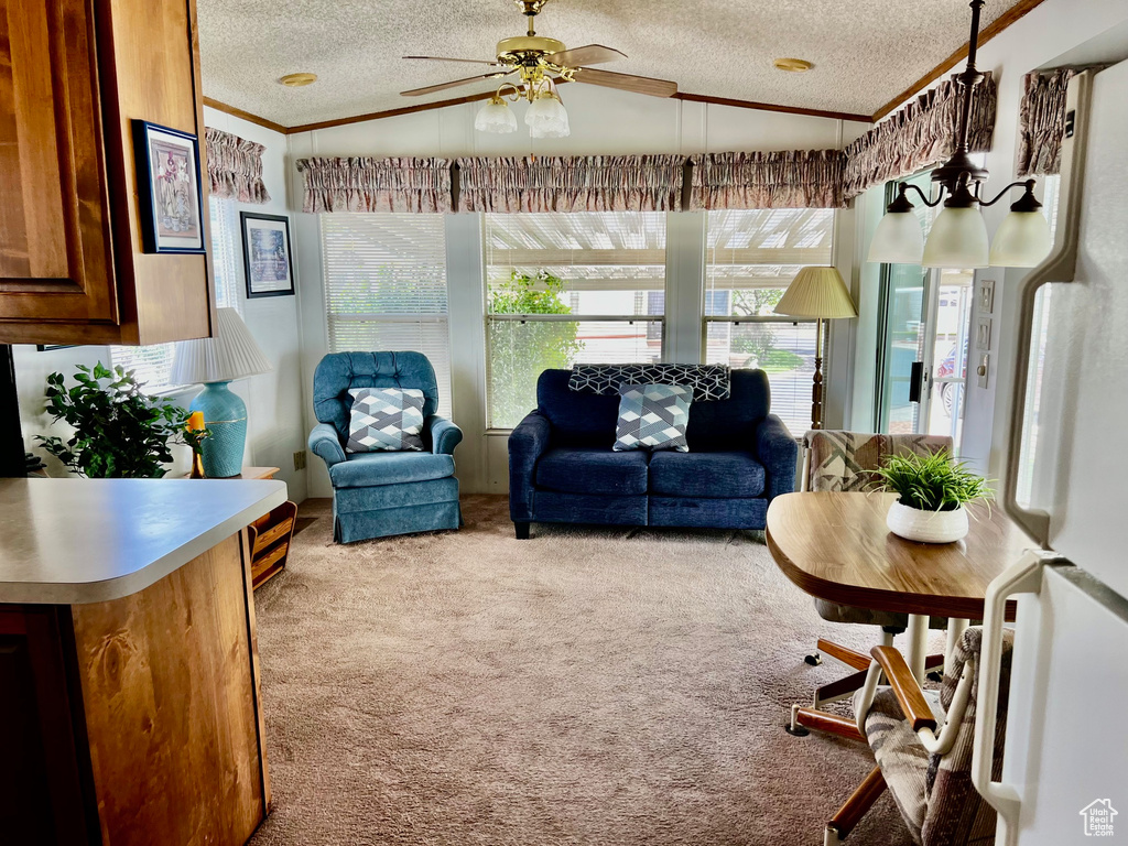 Carpeted living room with a textured ceiling, ornamental molding, ceiling fan, and lofted ceiling
