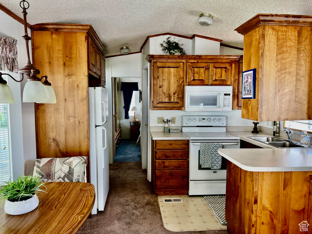 Kitchen featuring white appliances, crown molding, a sink, brown cabinetry, and carpet floors