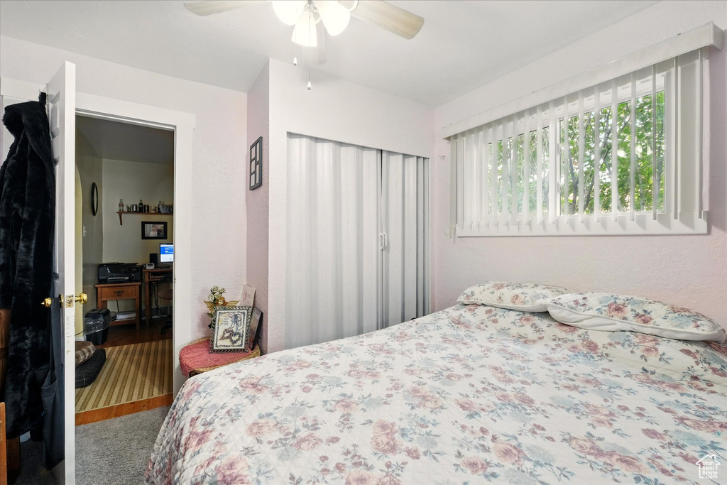 Carpeted bedroom with ceiling fan and a desk