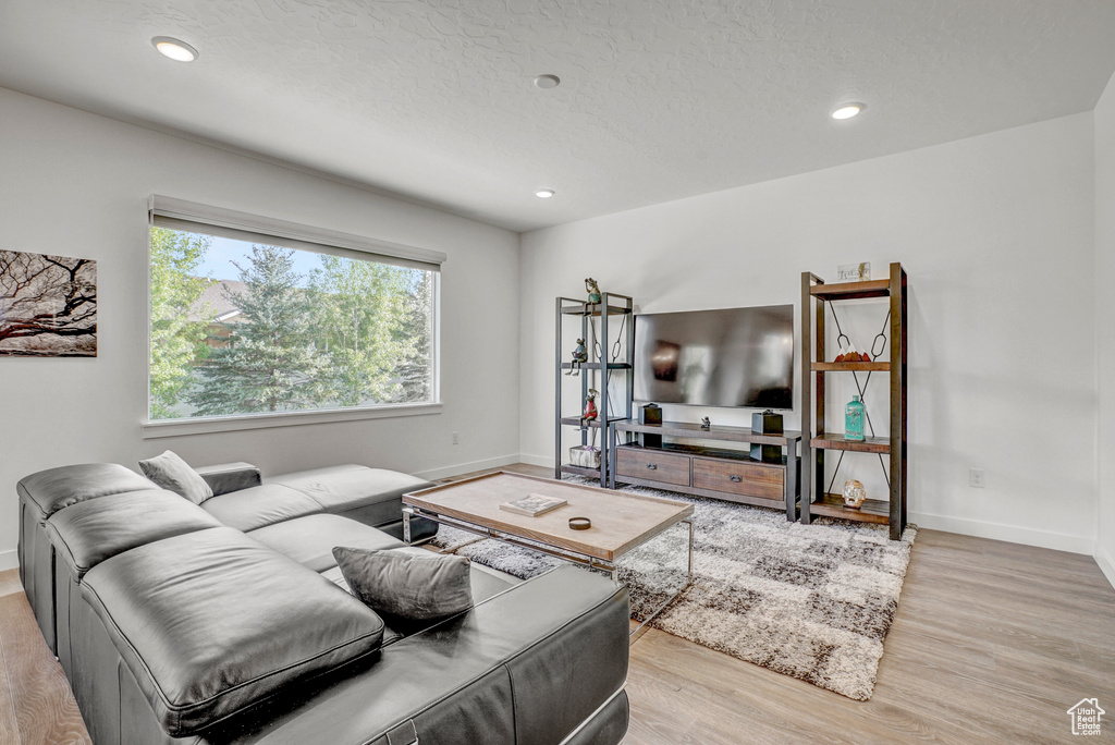 Living room with wood finished floors, baseboards, and recessed lighting