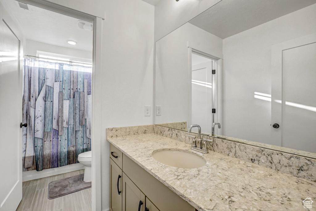 Bathroom with toilet, a shower with shower curtain, and vanity