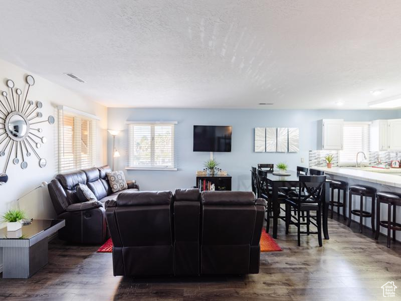 Living room with healthy amount of natural light, dark wood-type flooring, and a textured ceiling