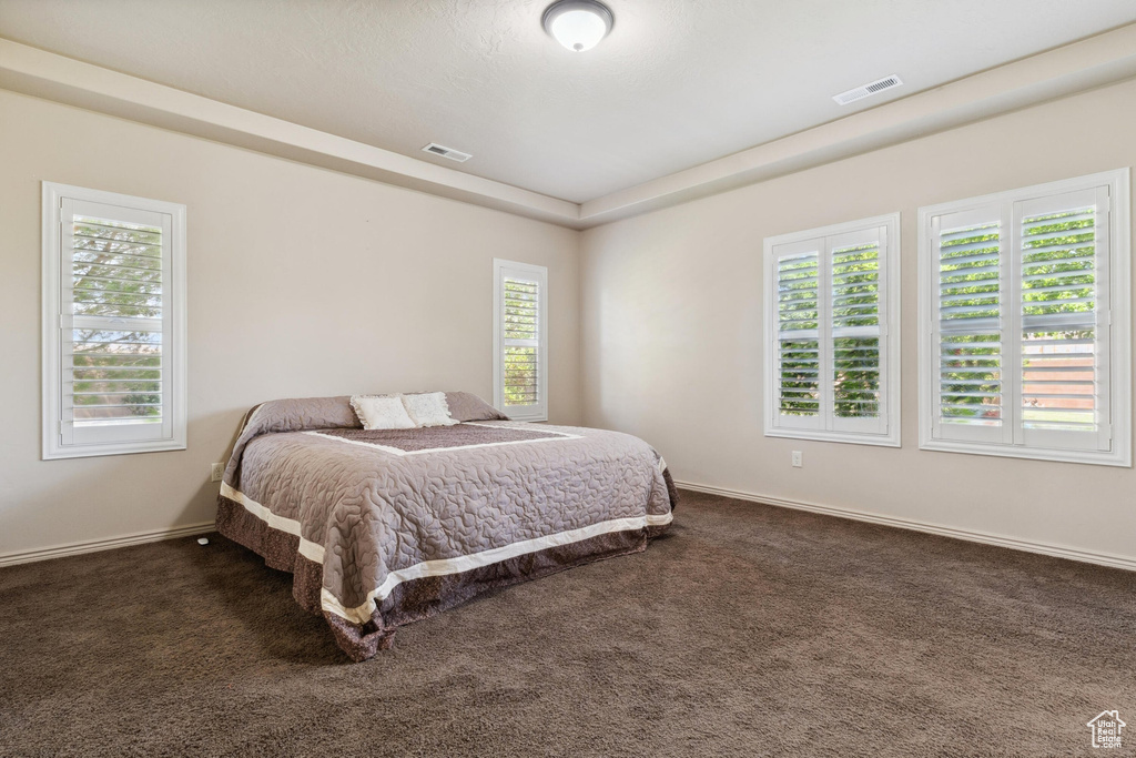Bedroom with dark carpet and baseboards