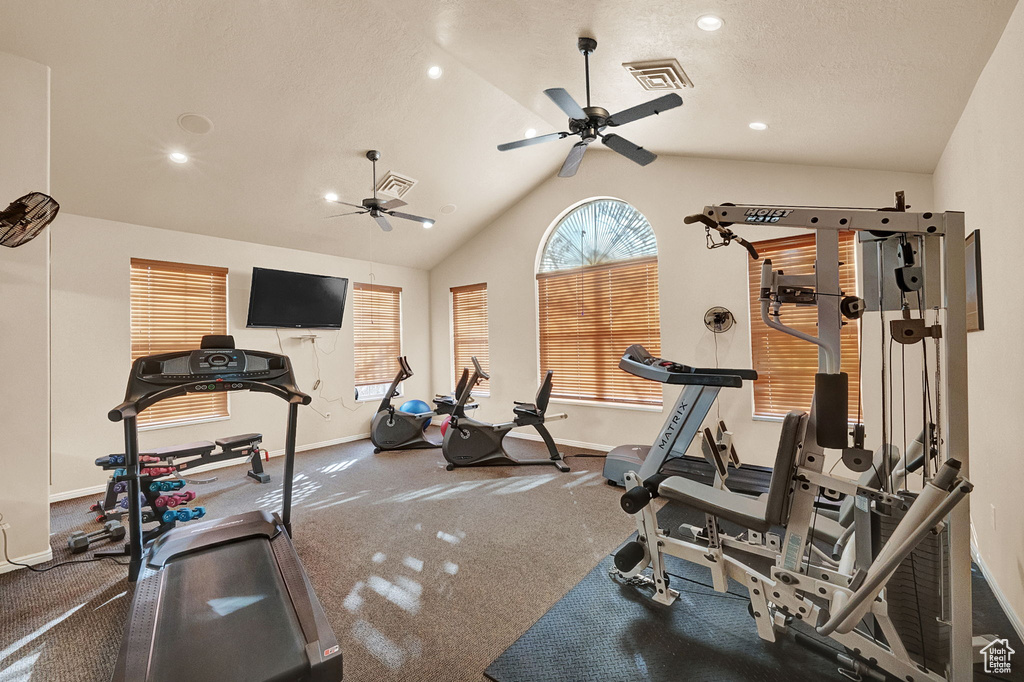 Workout area with a ceiling fan, lofted ceiling, baseboards, recessed lighting, and carpet