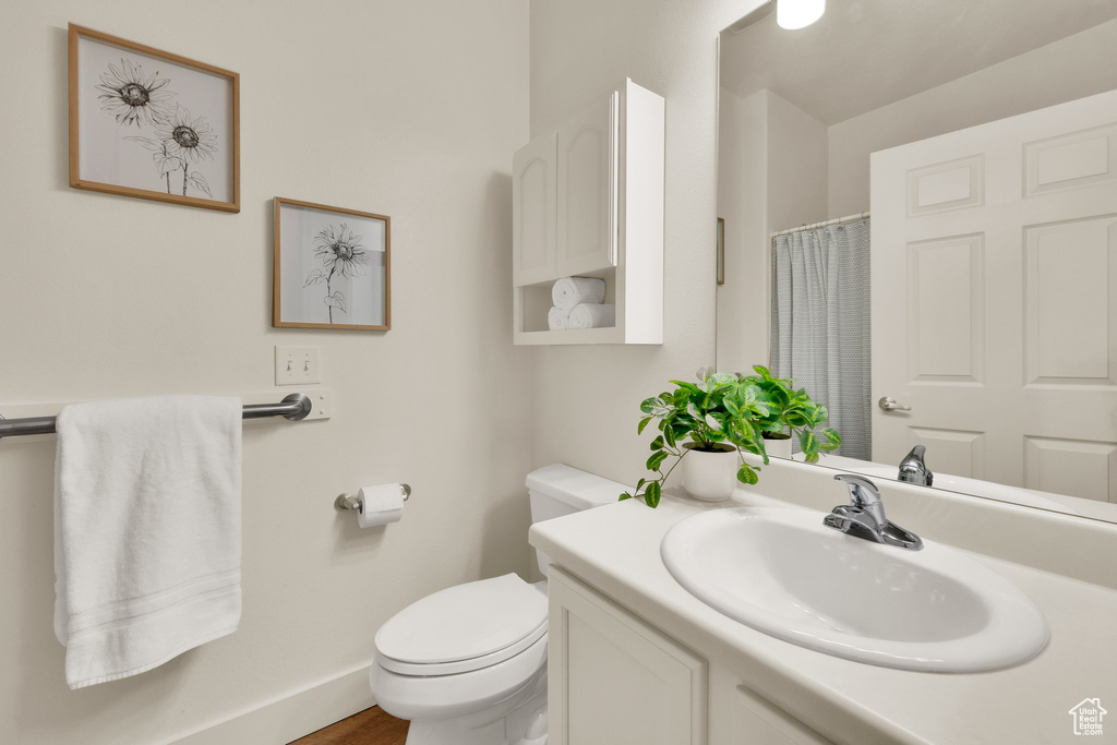 Bathroom featuring toilet, vanity, and a shower with shower curtain