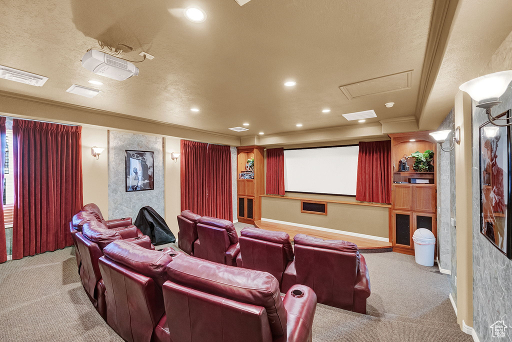 Cinema room with carpet floors, recessed lighting, and baseboards