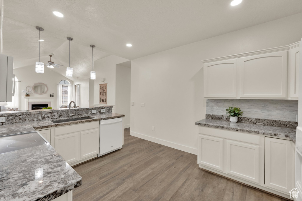 Kitchen with a sink, dishwasher, ceiling fan, a fireplace, and light wood-style floors