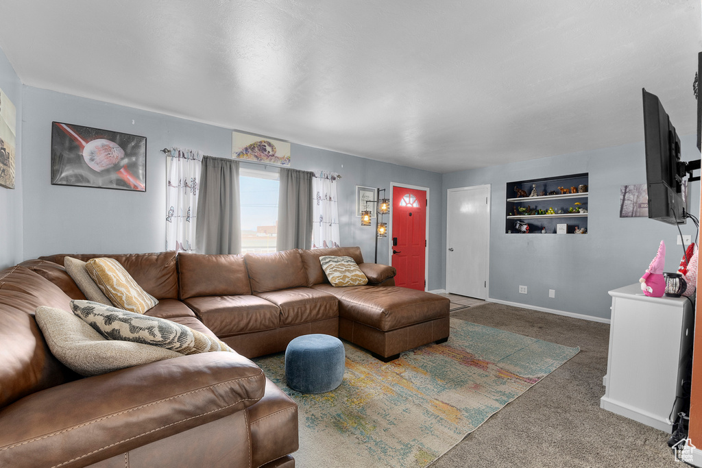 Living area featuring carpet, built in shelves, and baseboards