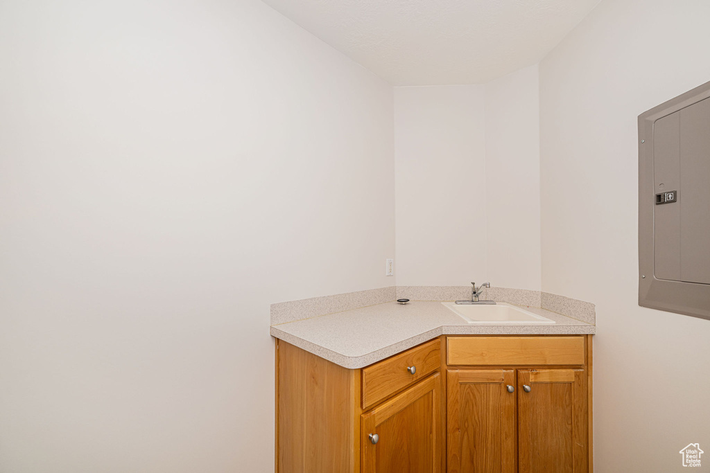 Bathroom featuring electric panel and vanity