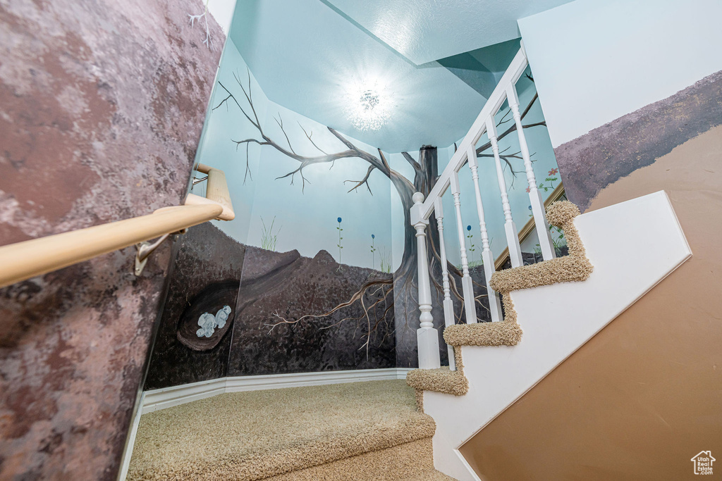 Staircase featuring carpet