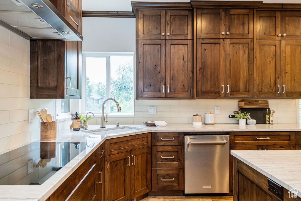 Kitchen featuring a sink, ventilation hood, and backsplash
