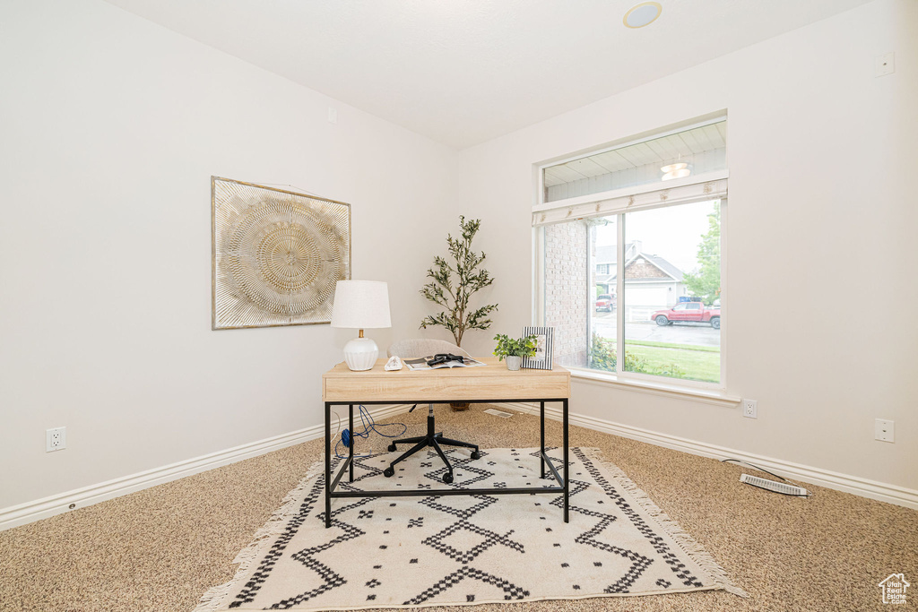 Carpeted home office with baseboards