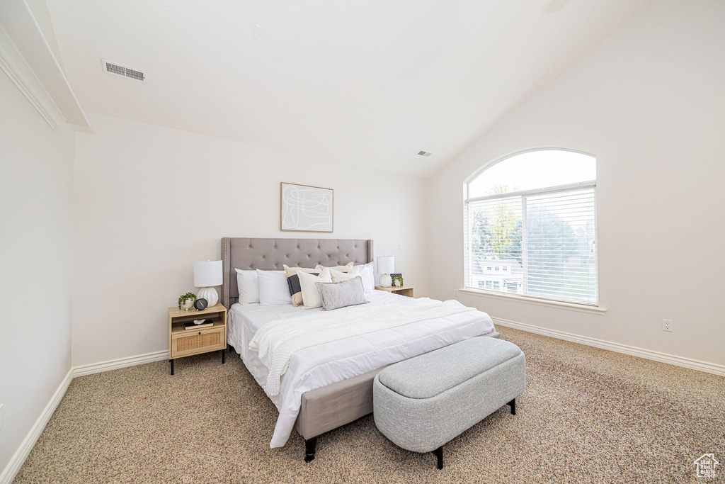 Bedroom with carpet, baseboards, and vaulted ceiling