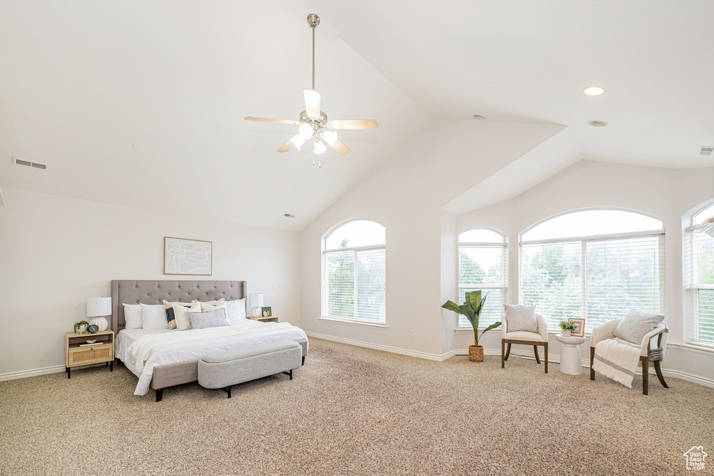 Bedroom with carpet flooring, baseboards, vaulted ceiling, a ceiling fan, and recessed lighting