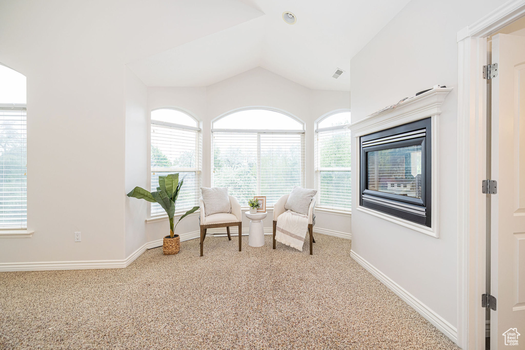 Sitting room with carpet, vaulted ceiling, and baseboards