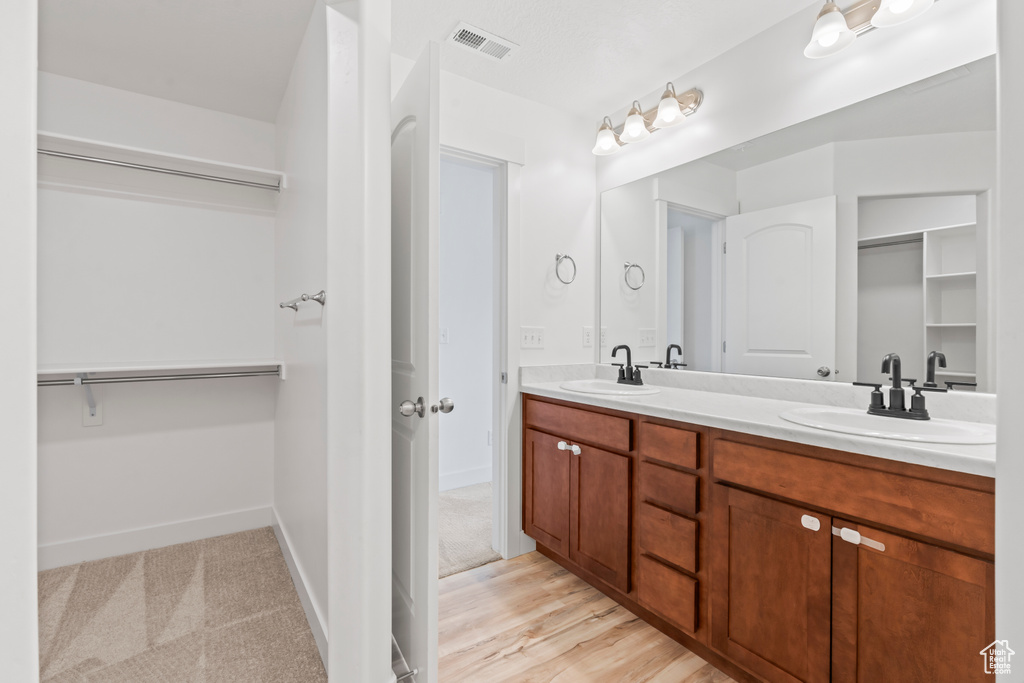 Bathroom with a walk in closet, double vanity, and baseboards