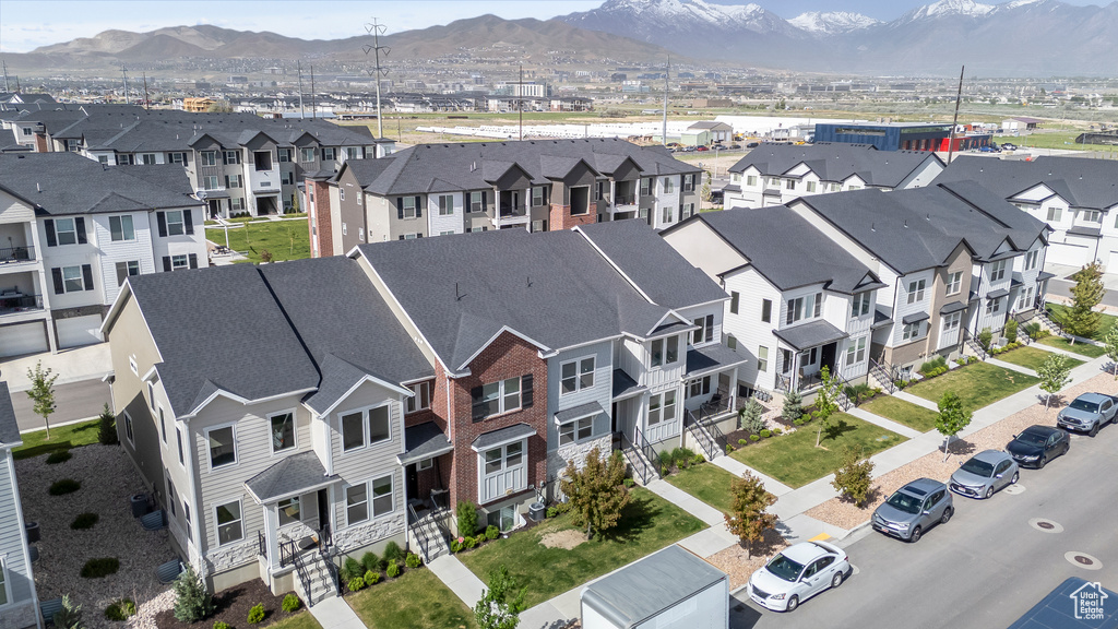 Aerial view of residential area with mountains