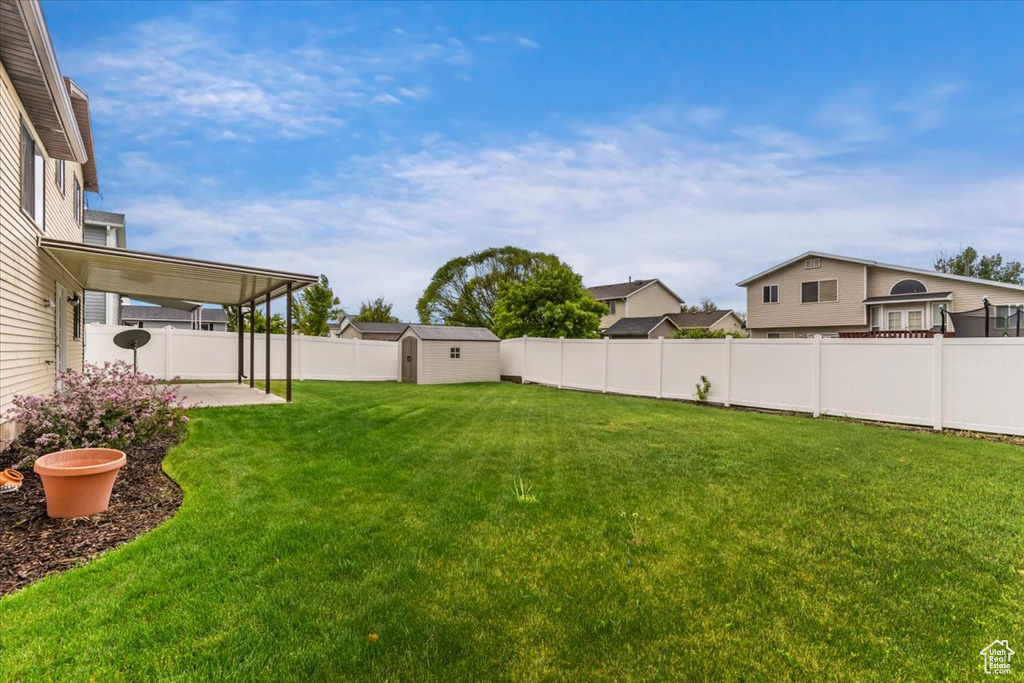 View of yard with a storage shed, a patio area, and an outdoor structure