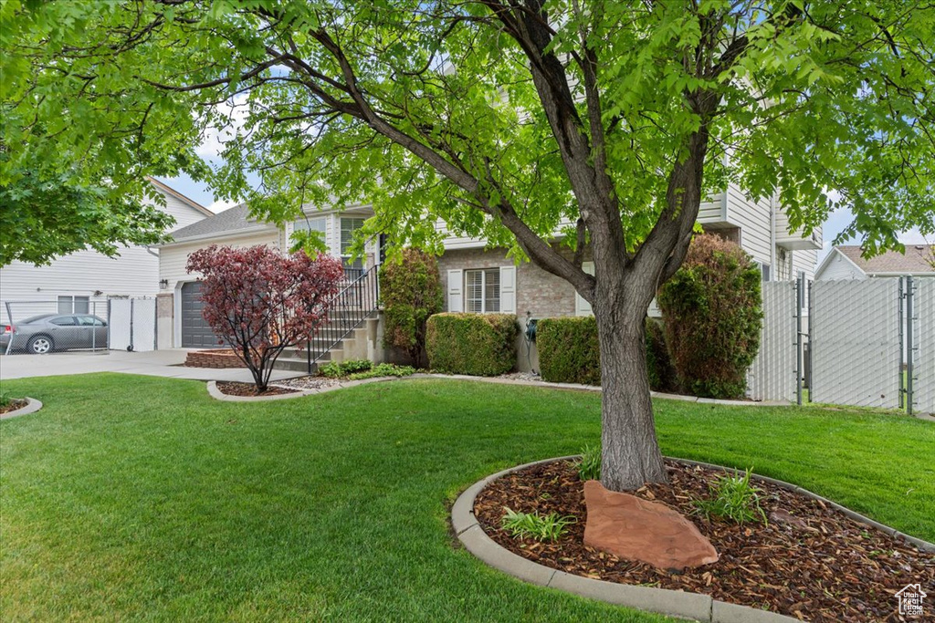 View of property hidden behind natural elements featuring a garage and concrete driveway