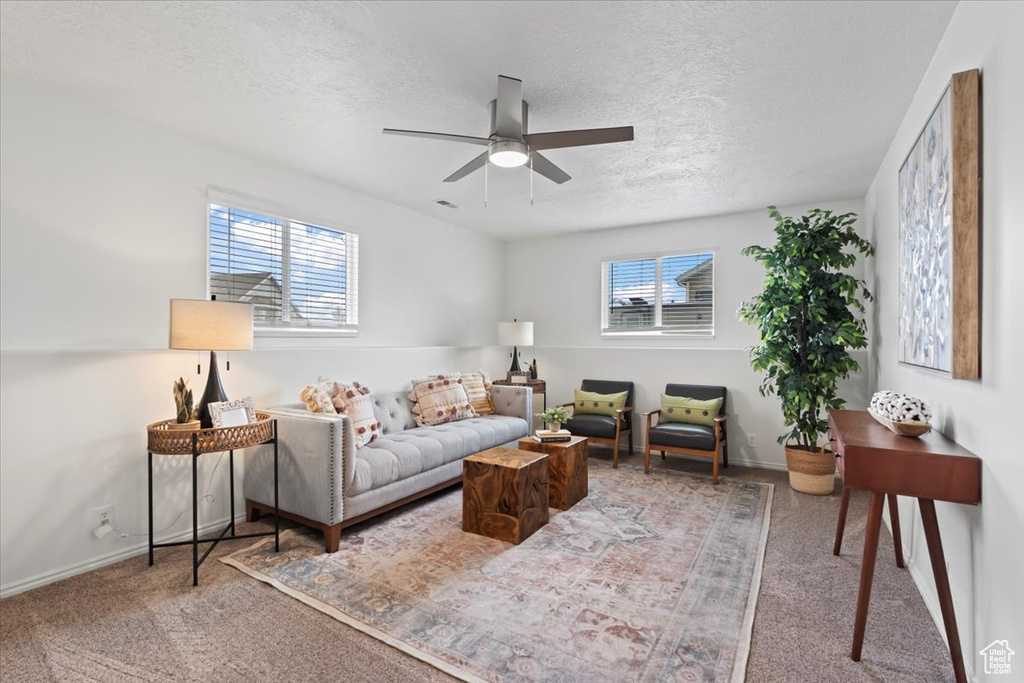 Living area with plenty of natural light, ceiling fan, carpet floors, and a textured ceiling