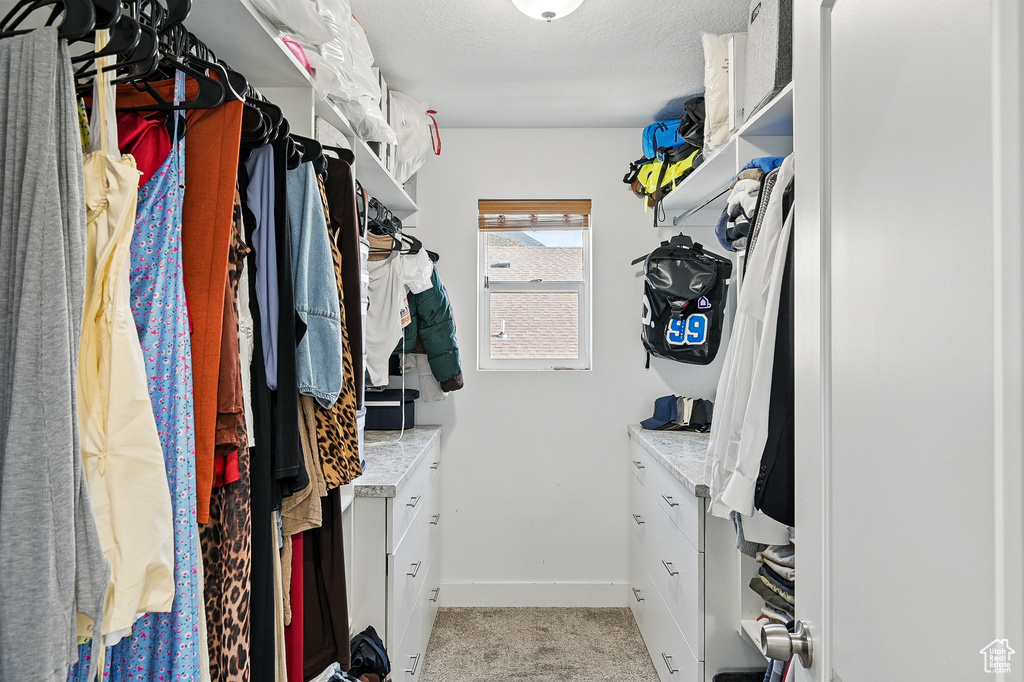 Walk in closet with light carpet