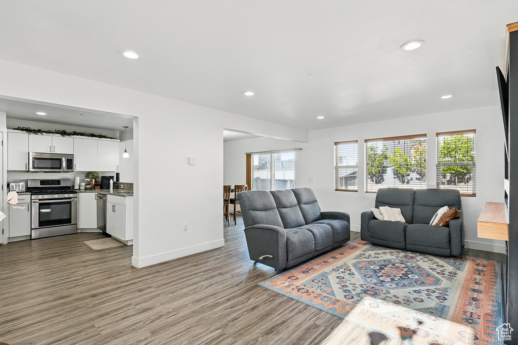 Living room with baseboards, wood finished floors, healthy amount of natural light, and recessed lighting