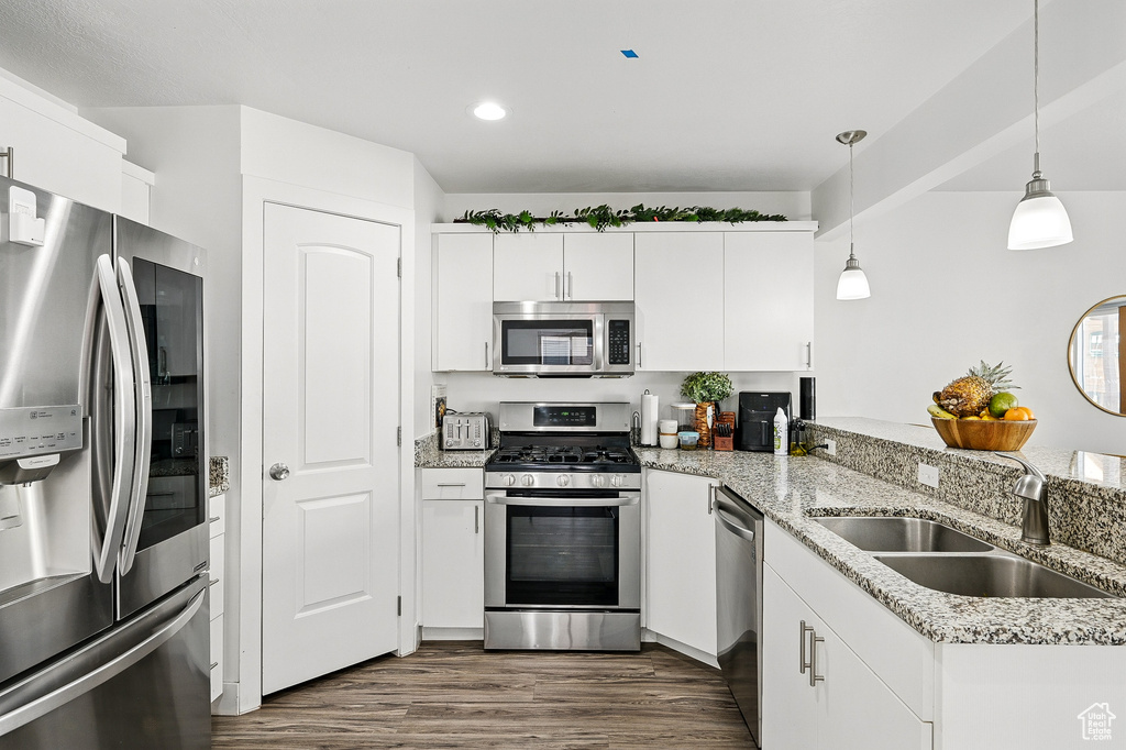 Kitchen featuring appliances with stainless steel finishes, a sink, dark wood finished floors, pendant lighting, and recessed lighting
