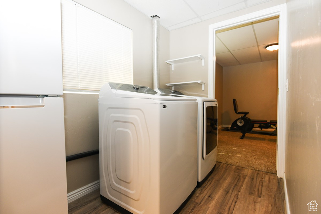 Laundry area featuring washing machine and dryer, dark wood-style floors, and baseboards