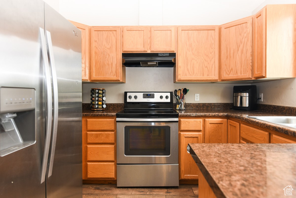 Kitchen featuring stainless steel appliances, under cabinet range hood, light brown cabinets, wood finished floors, and dark countertops