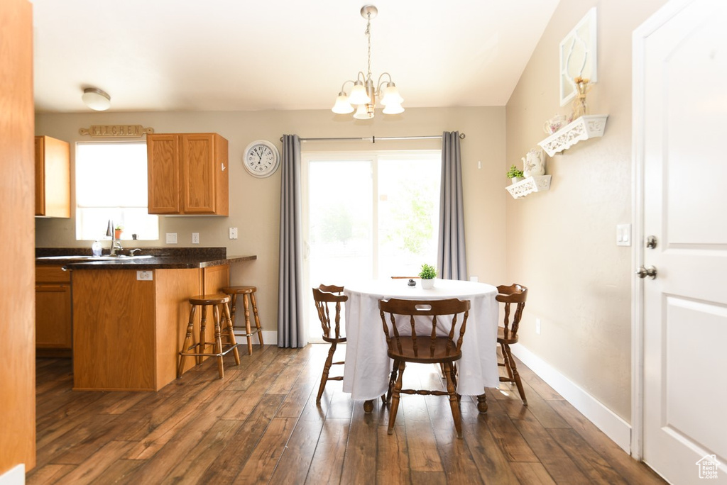 Dining room featuring dark wood-type flooring, a chandelier, healthy amount of natural light, and baseboards
