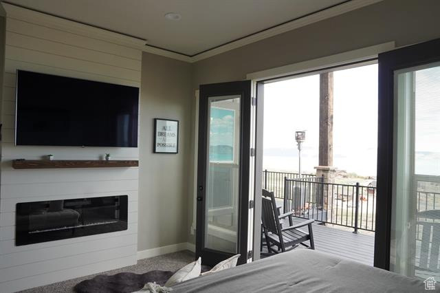 Carpeted bedroom with ornamental molding, access to outside, multiple windows, baseboards, and a glass covered fireplace