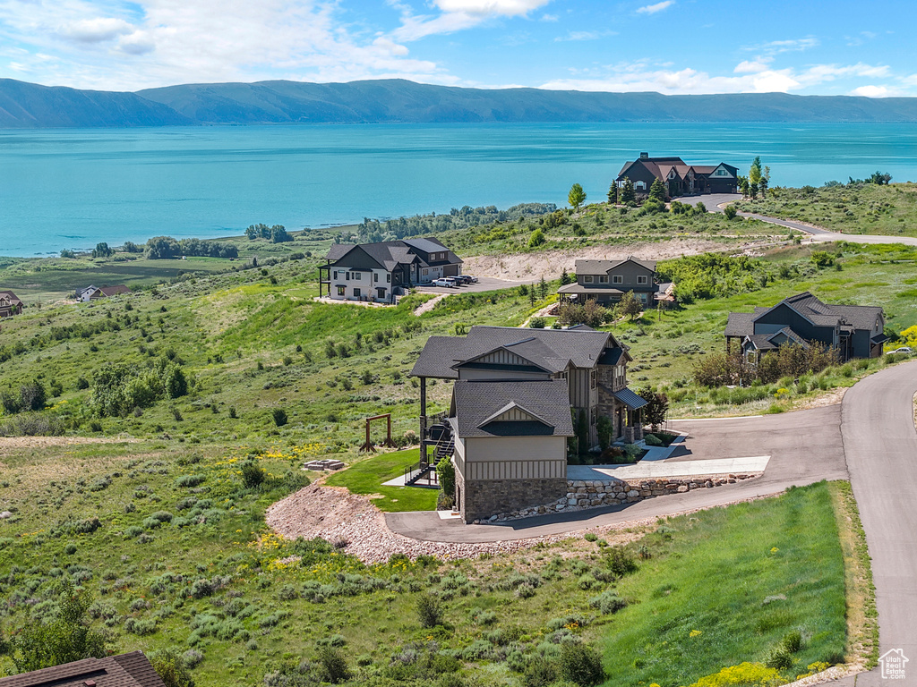 Aerial view of a water and mountain view