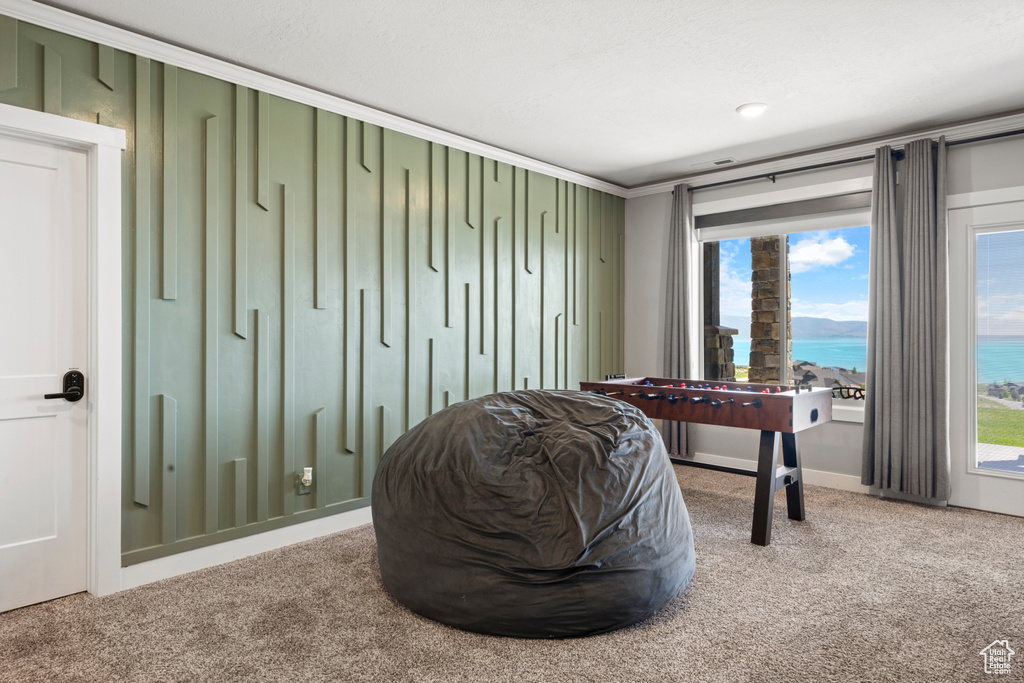 Living area with carpet flooring, a water view, and ornamental molding