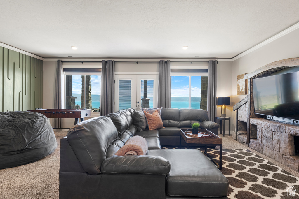 Living area featuring crown molding, carpet floors, french doors, and healthy amount of natural light