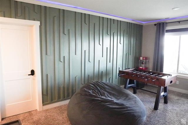 Recreation room featuring carpet and baseboards