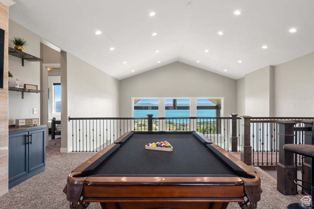 Game room with carpet, high vaulted ceiling, recessed lighting, and billiards