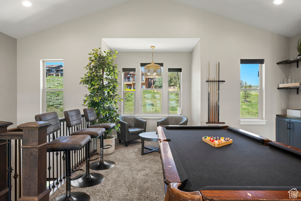 Game room featuring lofted ceiling, recessed lighting, and billiards table