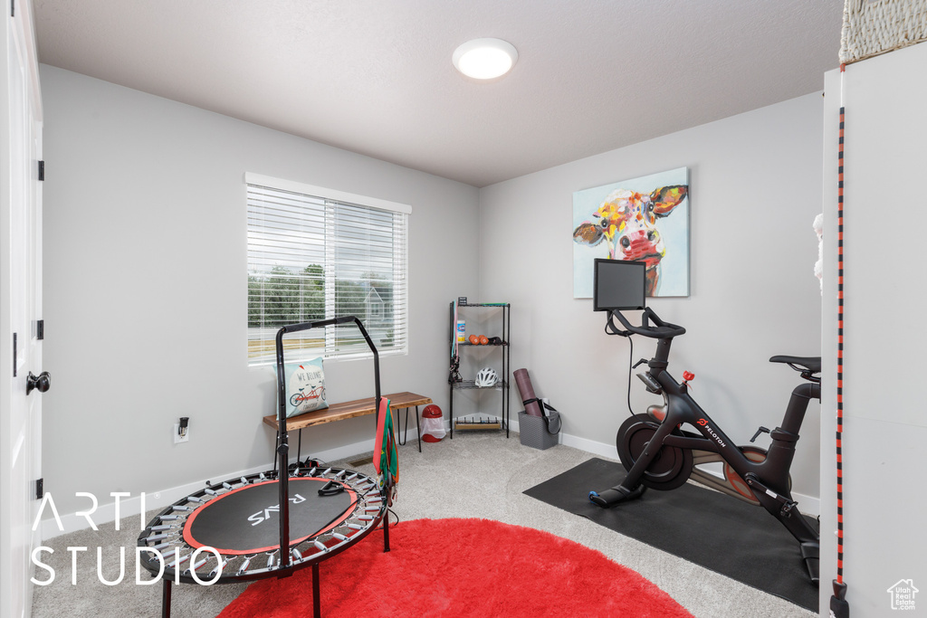 Workout room with carpet floors and baseboards