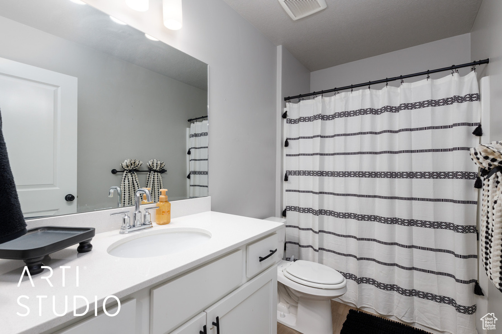 Bathroom featuring toilet, vanity, and curtained shower