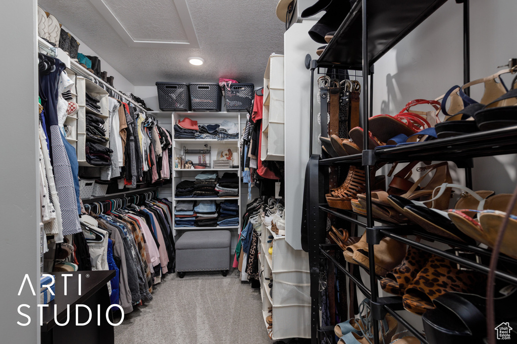 Walk in closet with attic access and carpet floors