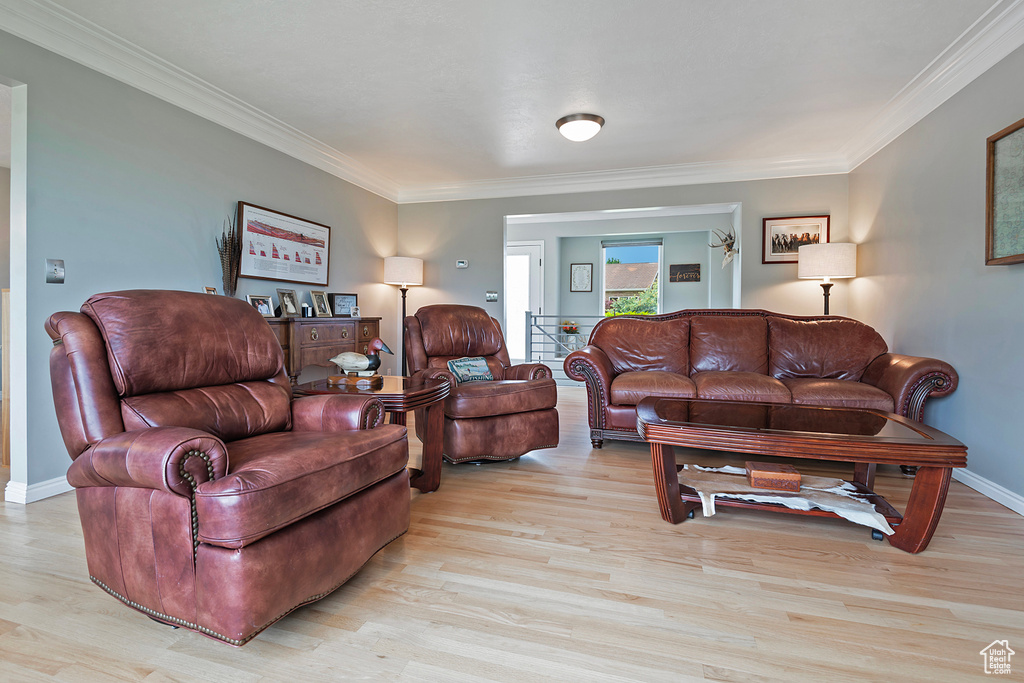 Living room with crown molding, light wood-type flooring, and baseboards