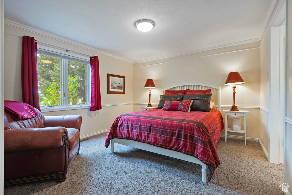 Bedroom featuring carpet, crown molding, and baseboards